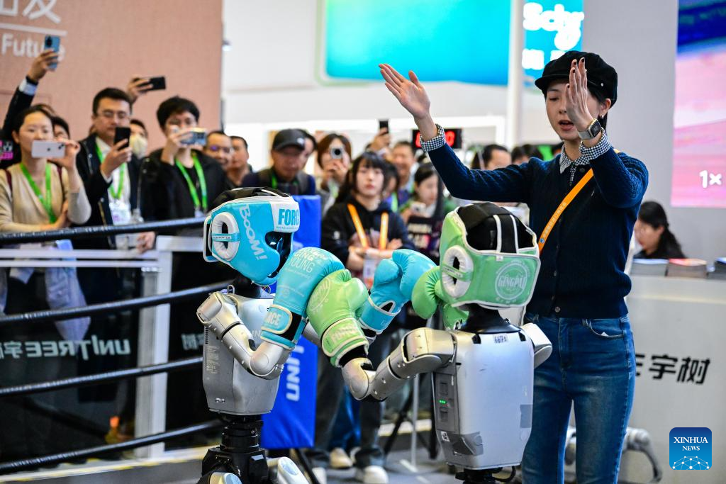 Humanoid robots perform fighting at 8th CIIE in Shanghai