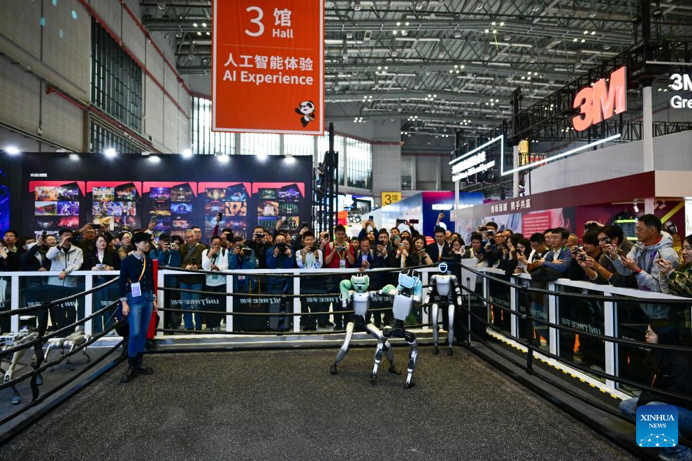 Humanoid robots perform fighting at 8th CIIE in Shanghai