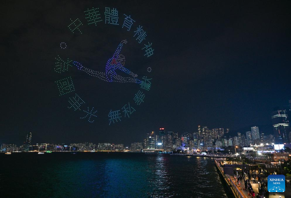 Drone light show celebrating spirit of sports staged in Hong Kong