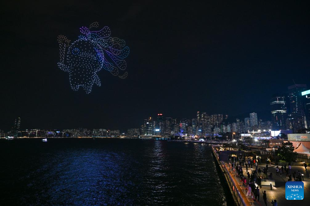 Drone light show celebrating spirit of sports staged in Hong Kong