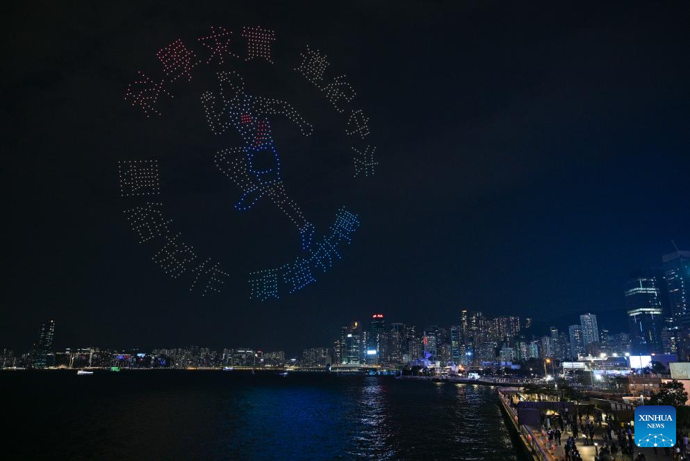 Drone light show celebrating spirit of sports staged in Hong Kong
