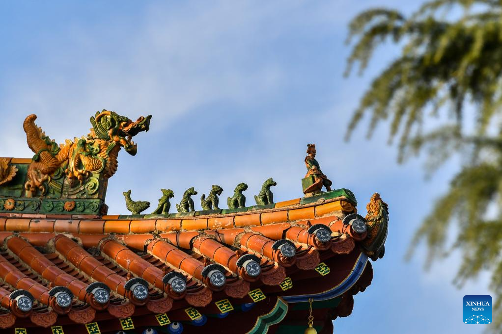 A glimpse of auspicious creatures on rooftops of ancient architecture in China's Shanxi