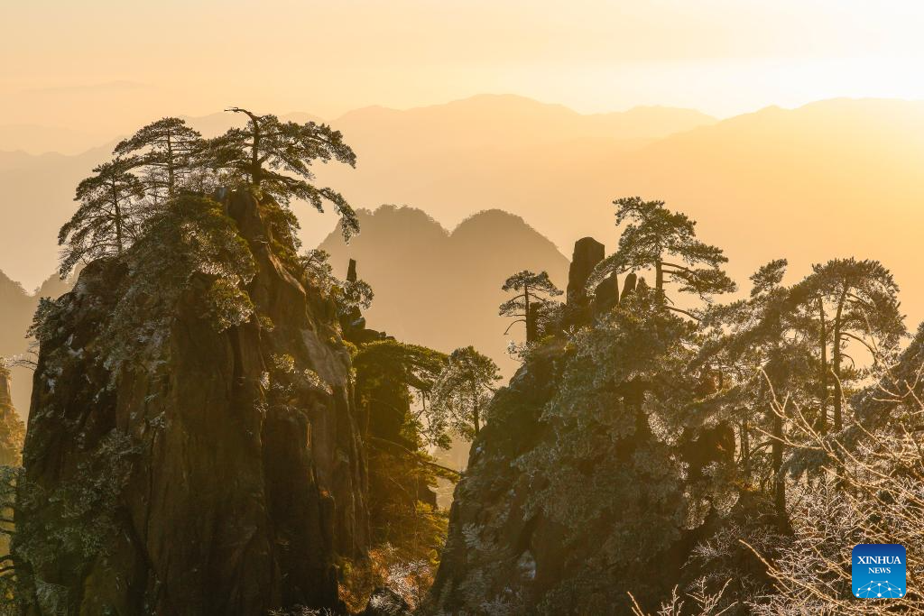 Scenery of Huangshan Mountain scenic area at sunrise after snow in China's Anhui