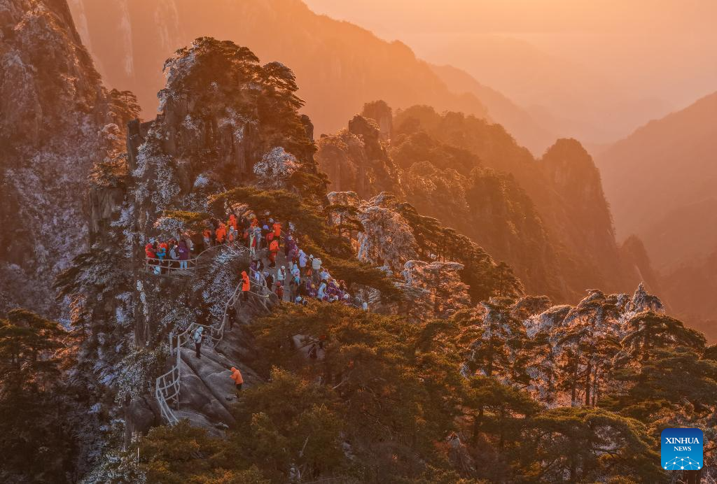 Scenery of Huangshan Mountain scenic area at sunrise after snow in China's Anhui