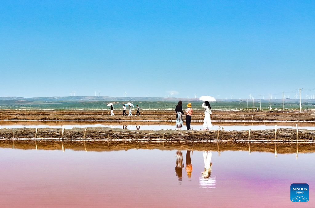 Tourists enjoy themselves at salt lake in Ordos, N China's Inner Mongolia