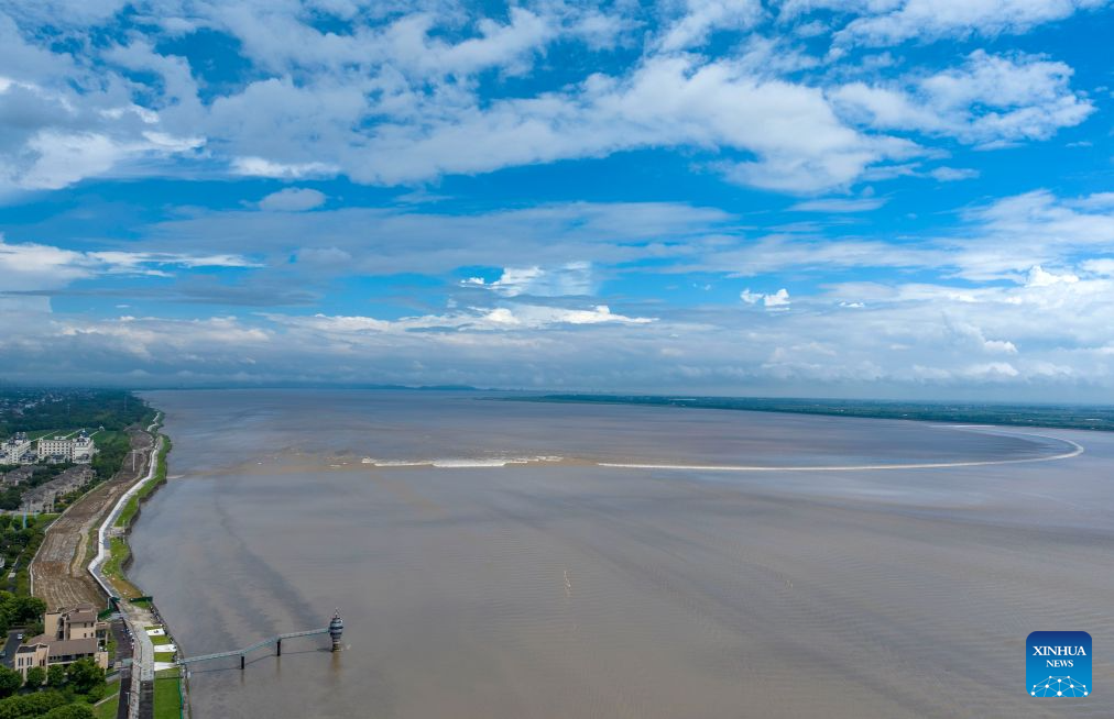 Tidal bore of Qiantang River attracts tourists in E China's Zhejiang