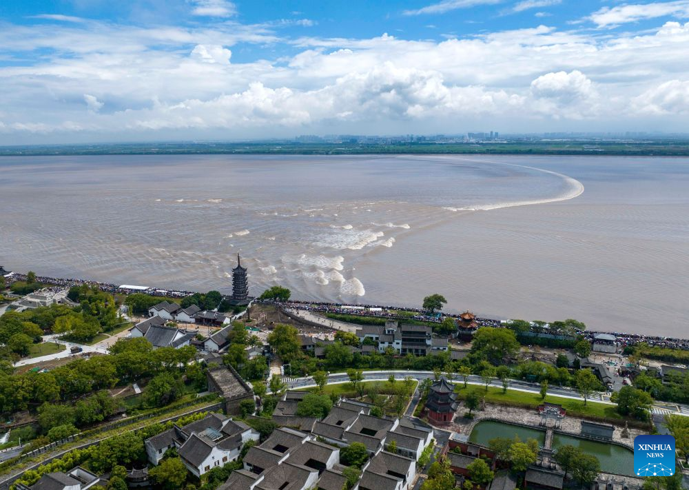 Tidal bore of Qiantang River attracts tourists in E China's Zhejiang