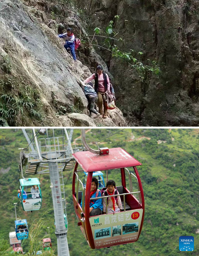 Cliff elevator, cable car system benefit commuting students in SW China's Yunnan