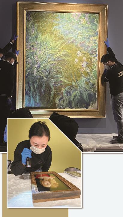 "从波提切利到梵高:英国国家美术馆珍藏展"布展现场 褚馨在点交画作.